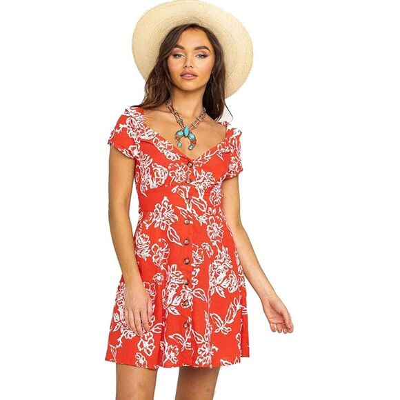 FREE PEOPLE Red Orange Floral Print Linen Button Up Babydoll Mini Dress Size 2 - Picture 1 of 8